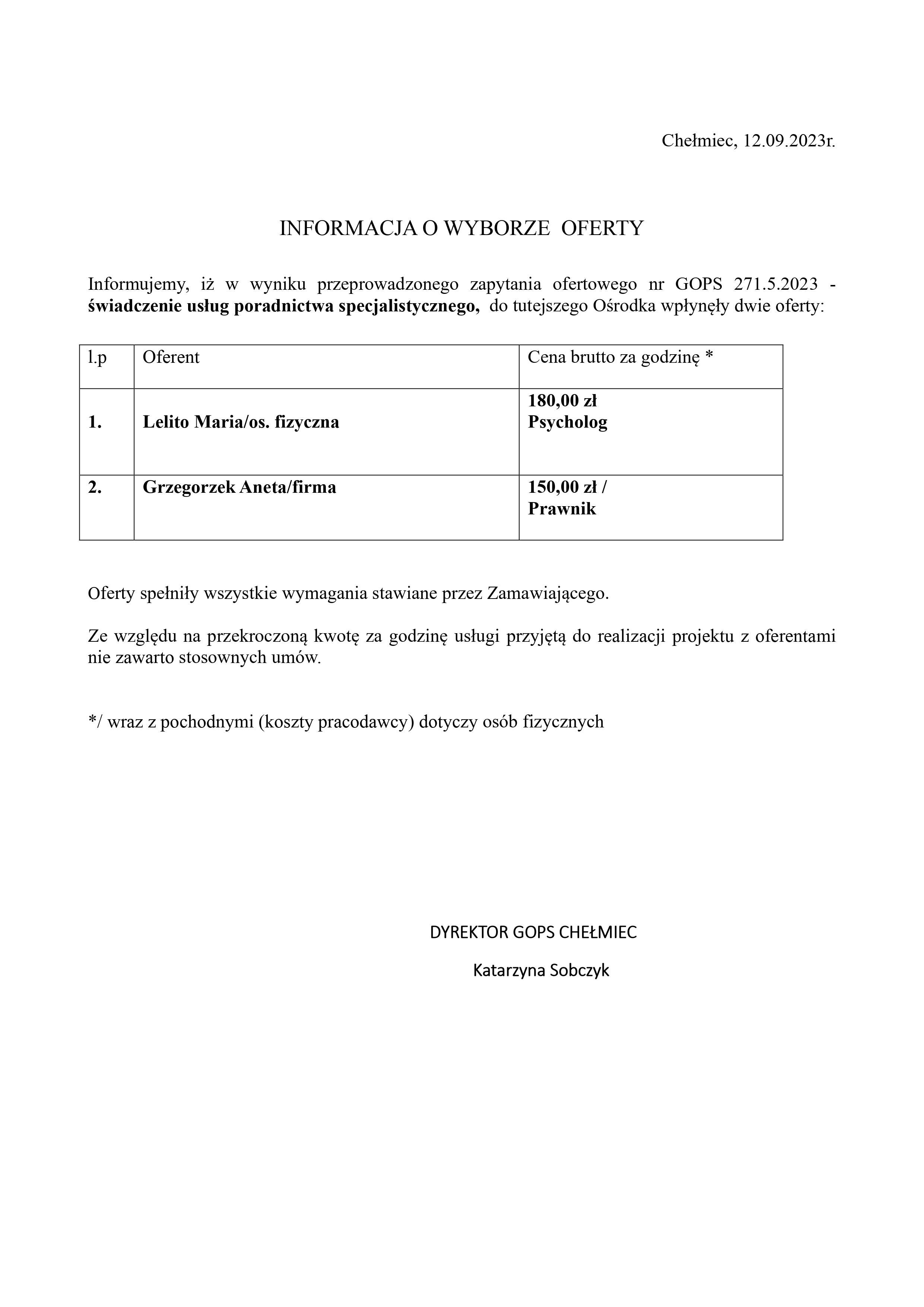 Informacja o wynikach naboru