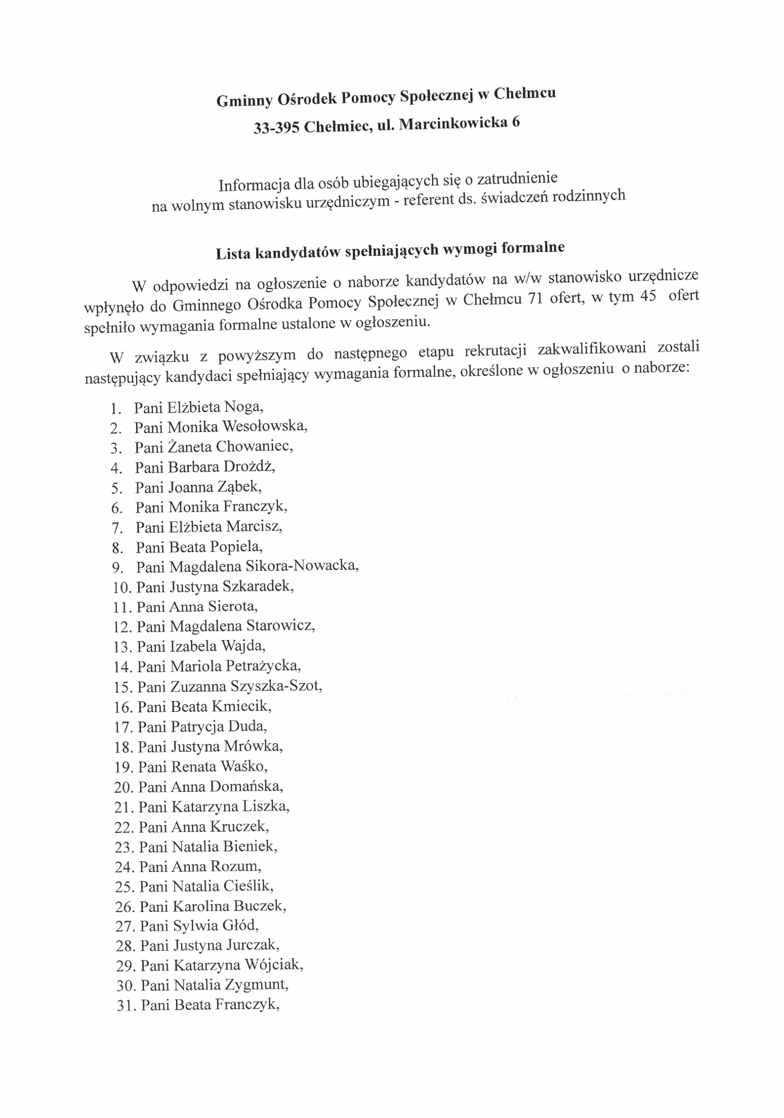 lista kandydatów spełniających wymogi formalne GOPS Chełmiec referent
