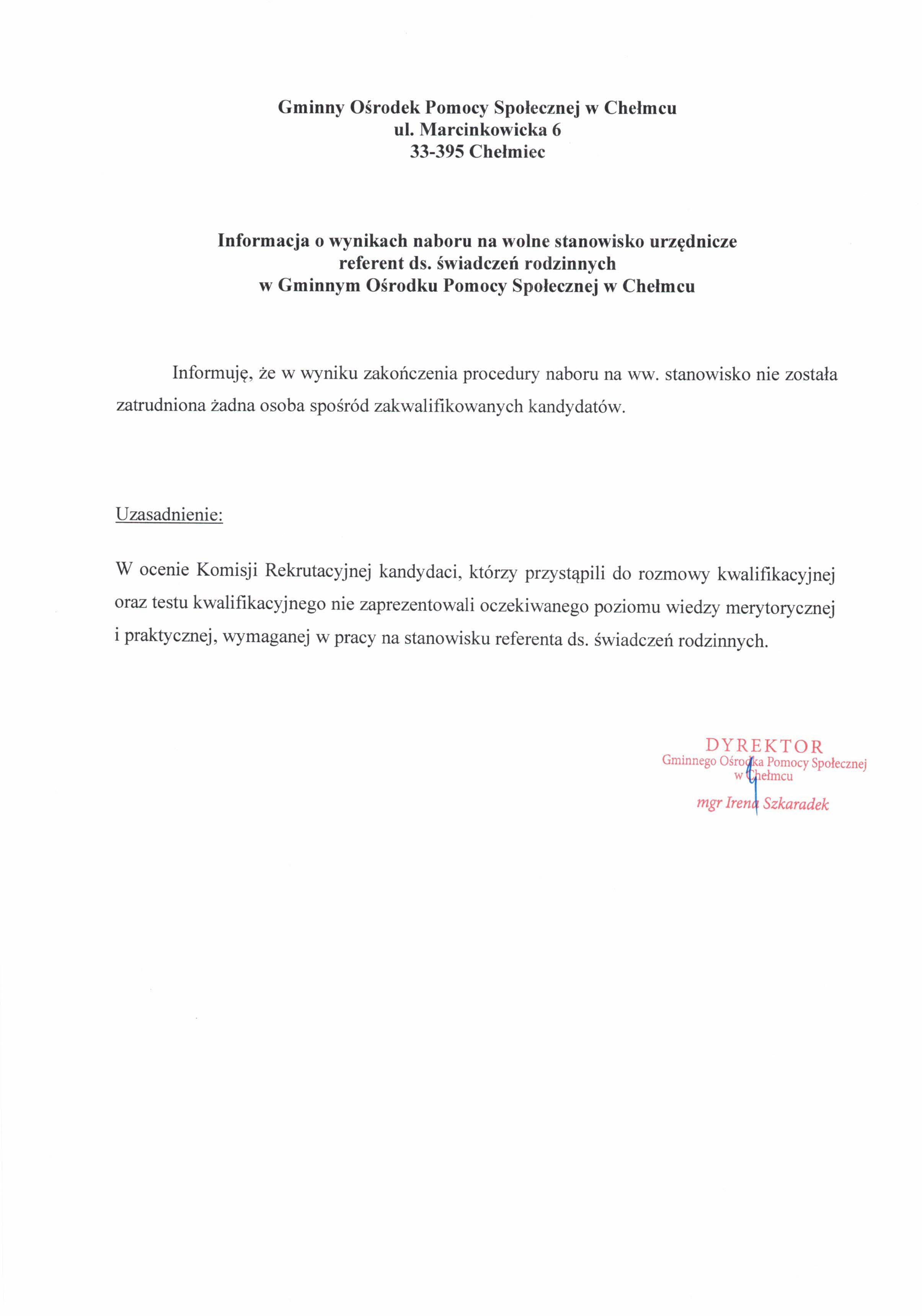 informacja o wynikach konkursu